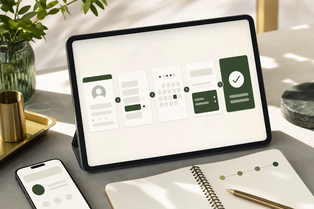Tablet showing an abstract step-by-step booking flow on a tidy desk