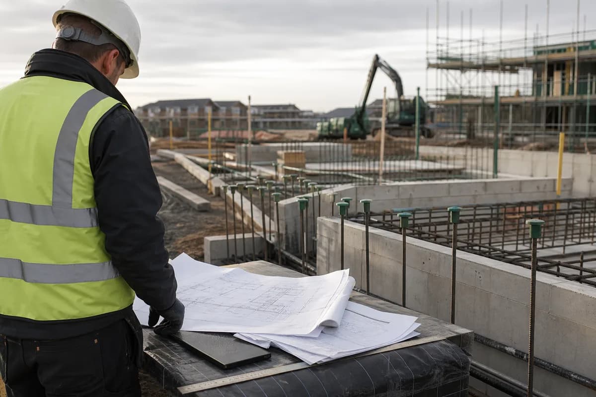Construction site with drawings, concrete works and a site worker reviewing plans