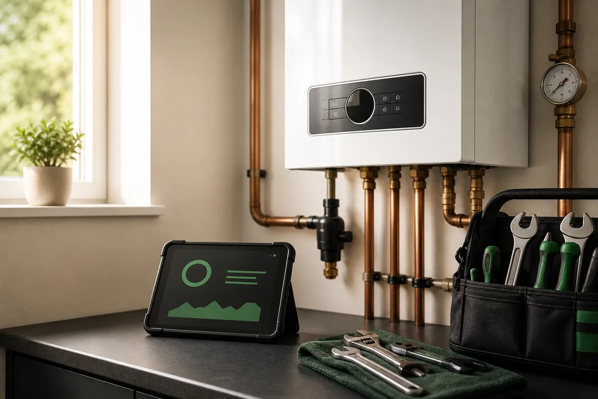 Modern boiler installation with copper pipework, service tools and a tablet dashboard