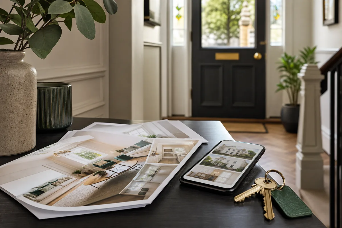 Property marketing materials, keys and a phone showing listing imagery in a home entrance