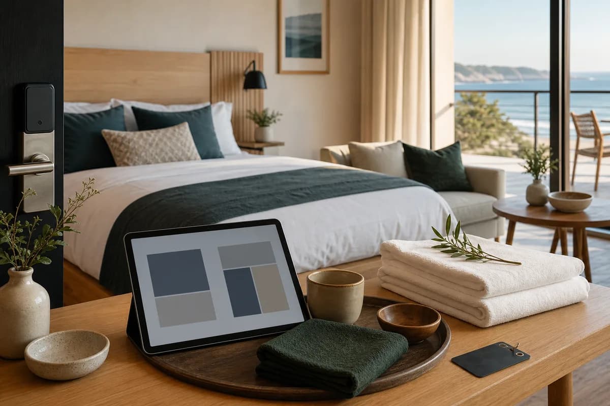 Coastal serviced apartment prepared for guests with linens, smart lock and booking tablet