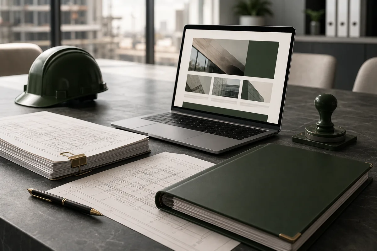 Tender documents, drawings, laptop website mockup and construction bid materials