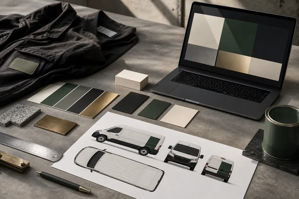 Trade brand kit with van livery mockups, swatches, workwear and laptop colour blocks