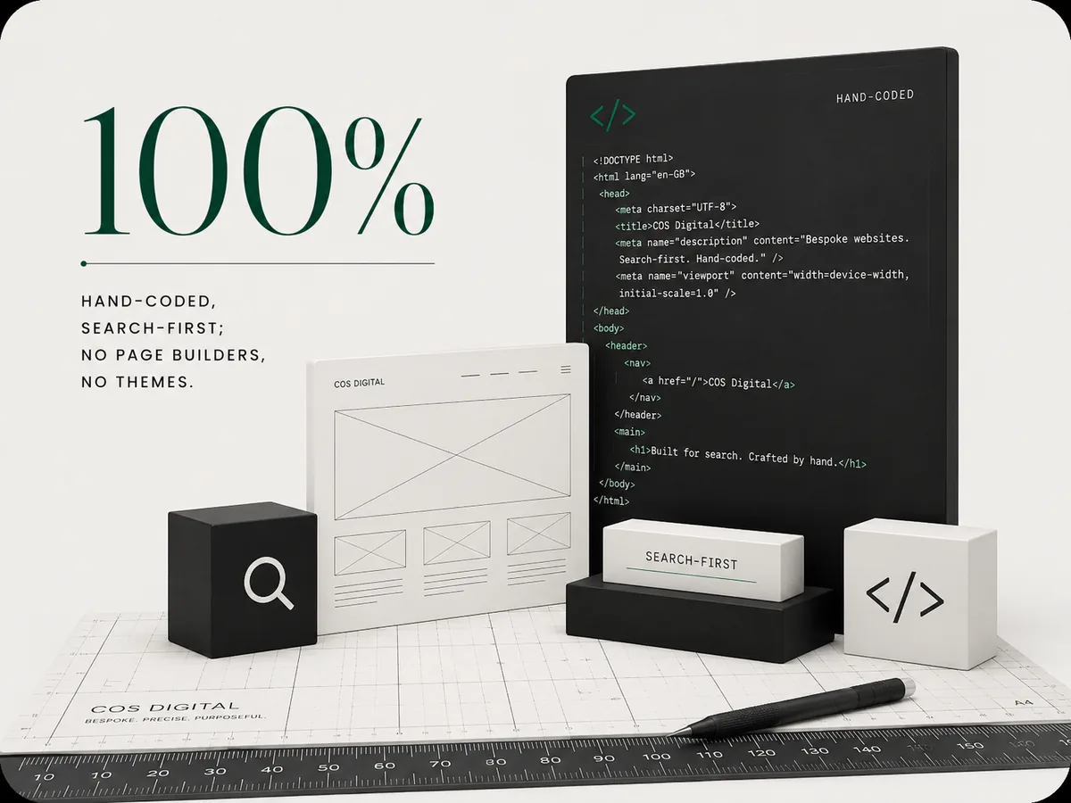 100% hand-coded, search-first — a wireframe board, a code panel and blocks marked “search-first” and “</>” laid out on a cutting mat.