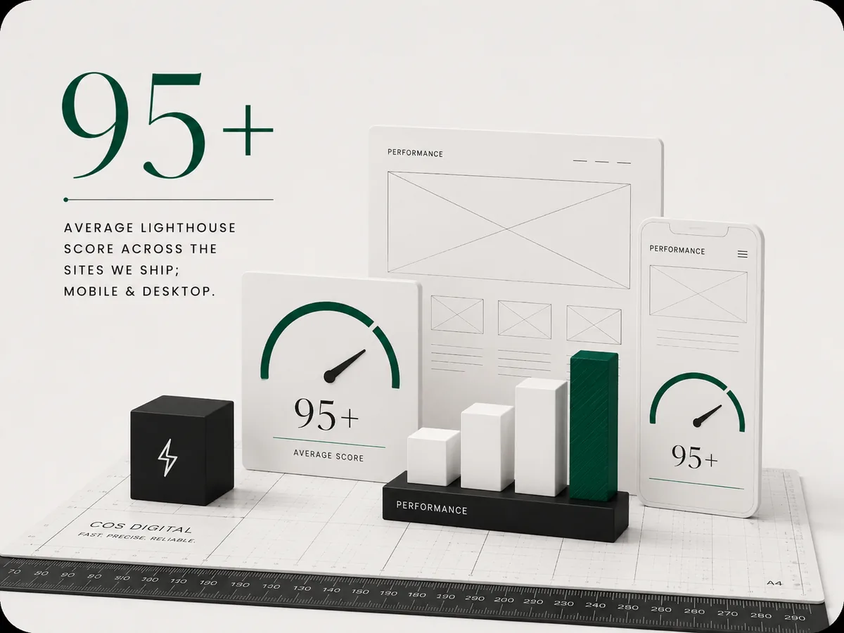 95+ average Lighthouse score — performance dials and score cards arranged as a still life.